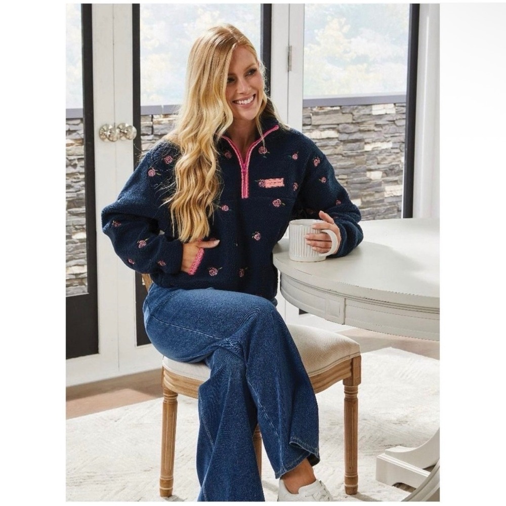 Simply Southern Taylor 1/2 Zip Sherpa Pullover Navy Pink Rose Embroidered XL